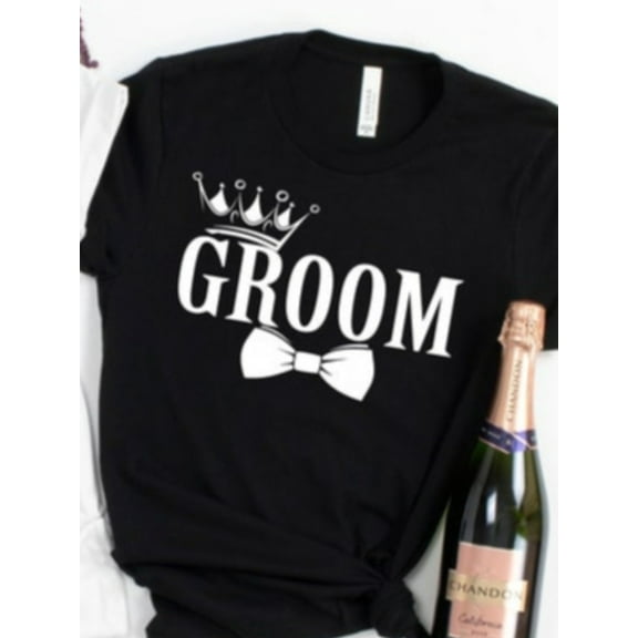 Bride & Groom Matching T-Shirts - 100% Cotton, Short Sleeve, Crew Neck, "Bride" & "Groom" Prints with Crown and Bow Tie Design, Ideal for Wedding Party and Honeymoon