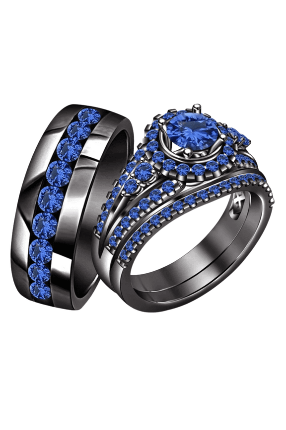 Bride & Groom Trio Engagement Ring Set in Black Gold Over 925 Sterling Silver Rings - Elegant Ring Set For Couple