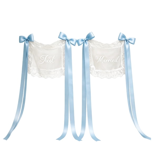 Bride Groom Wedding Chair Signs Set of 2, Just Married Sheer Lace Chair Back Decor with Ribbon, Mr & Mrs Sweetheart Table Seating Banner for Reception Decoration