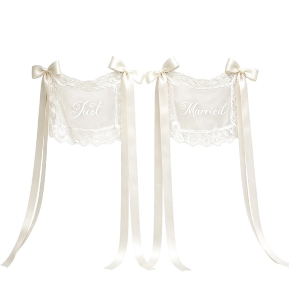 Bride Groom Wedding Chair Signs Set of 2, Just Married Sheer Lace Chair Back Decor with Ribbon, Mr & Mrs Sweetheart Table Seating Banner for Reception Decoration