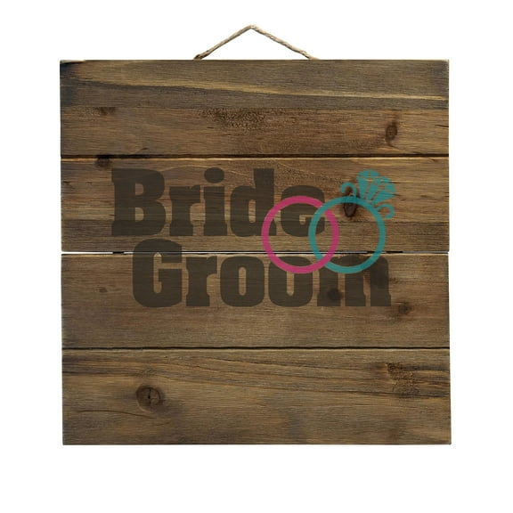 Bride & Groom Wedding Rings - Decorative REAL WOOD Wall Art - Faux Pallet Look