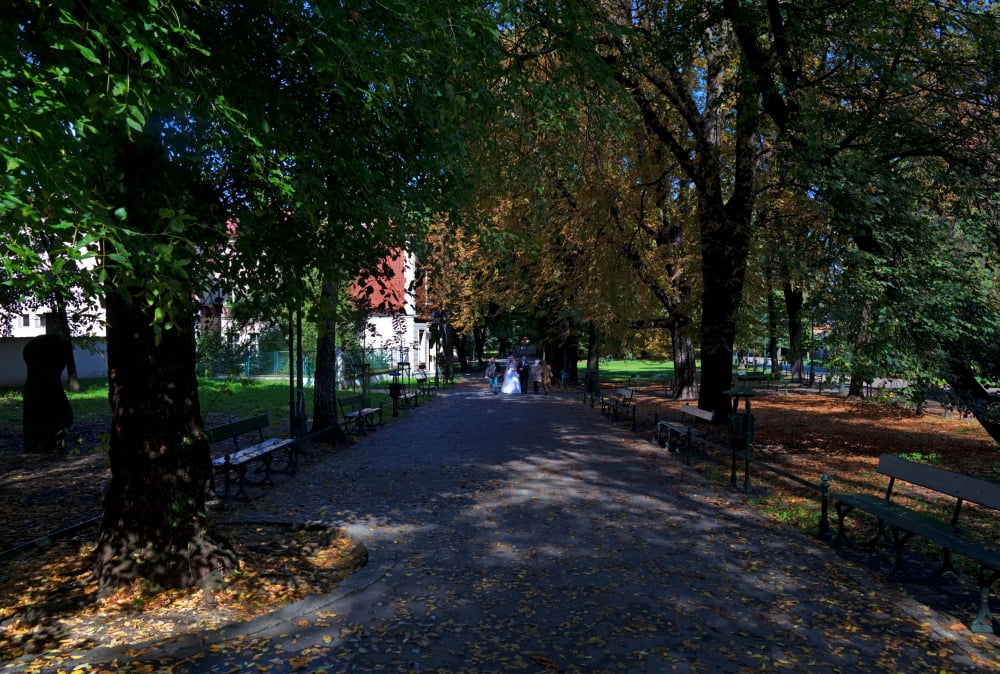 A Bride and Groom walking along the Planty Garden that replaced the demolished Town Walls Opoosited Wawel Cathedral Krakow Poland Canvas Art - Panoramic Images (36 x 24)