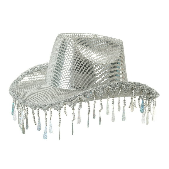 Bride Hat Shimmering Raindrop Mirrored Bridal Hat Panama Hat for Music Festivals Sparkling Tassels Eye-catching Headwear