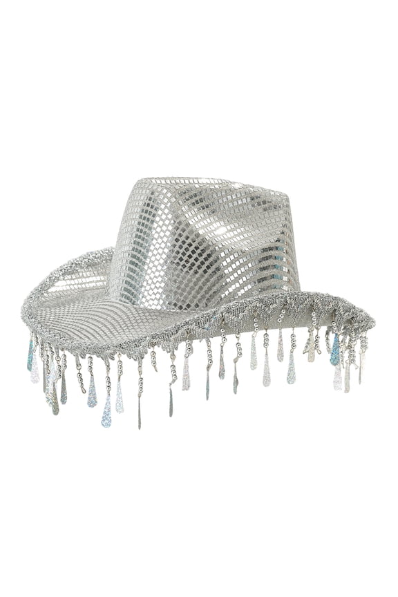 Bride Hat Shimmering Raindrop Mirrored Bridal Hat Panama Hat for Music Festivals Sparkling Tassels Eye-catching Headwear