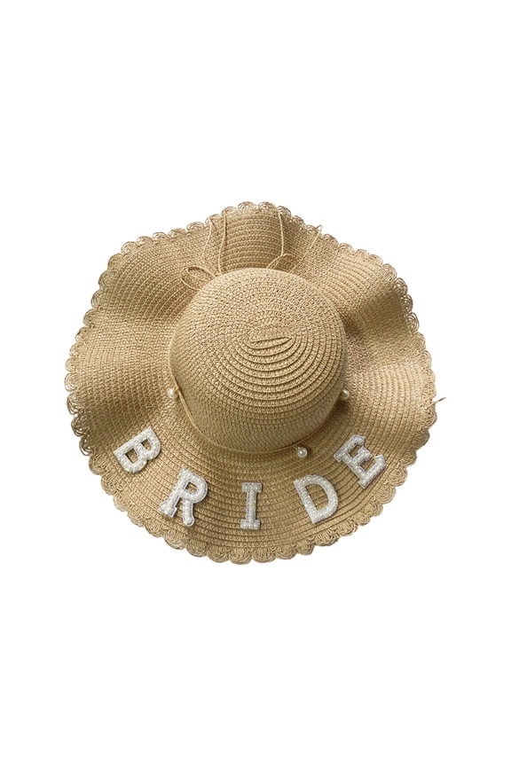 Bride Hat with Pearl BRIDE/MRS Letter Decors Outdoor Sunproof Wide Brim Bridal Straw Weaving Hat for Taking Photo