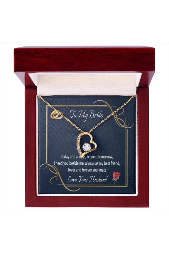 To My Bride Heart Necklace, Forever love Necklace for Wife, Message Card Jewelry for Wife, Anniversary, Birthday, Wedding Gift for Wife - Forever Love Necklace - White Gold or Yellow Gold - Gift Box