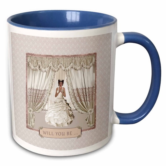 3drose, Bride in Wedding Gown, Drapes in Window, Will You Be, Cream and Rose, 11oz Two-tone Blue Mug