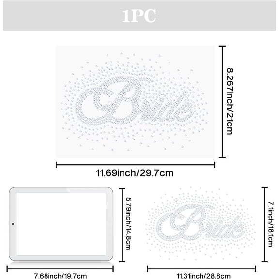 Bride Iron on Rhinestones Transfer 11.7x8.3 Inch Wedding Heat Transfer Decal Bling Decals Word Heat Transfer Patch Clothing Repair Applique