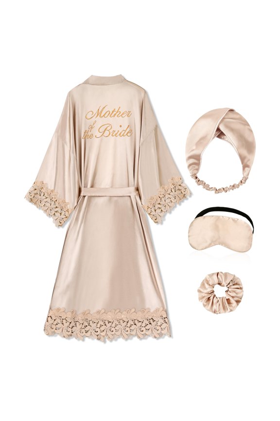 Bride Lace Kimono Robe – Embroidered Satin Wedding Robe Complete Set with Eye Mask