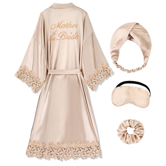 Bride Lace Kimono Robe – Embroidered Satin Wedding Robe Complete Set with Eye Mask