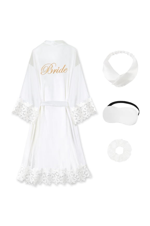 Bride Lace Kimono Robe – Embroidered Satin Wedding Robe Complete Set with Eye Mask