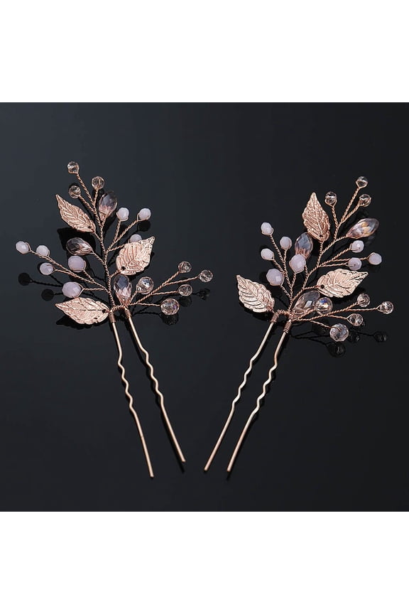 Bride Leaf Wedding Hair Pins Rose Gold Wedding Headpiece Pink Beads Bridal Hair Accessories for Women and Girls(Pack of 2)