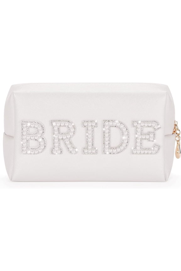 Bride Letter Makeup Bag, Bride To Be Gifts Bling Pearl Rhinestone Patch Cosmetic Bag, Waterproof PU Travel Toiletry Bag for Bachelorette Party Women Wedding Bridal (Silver)