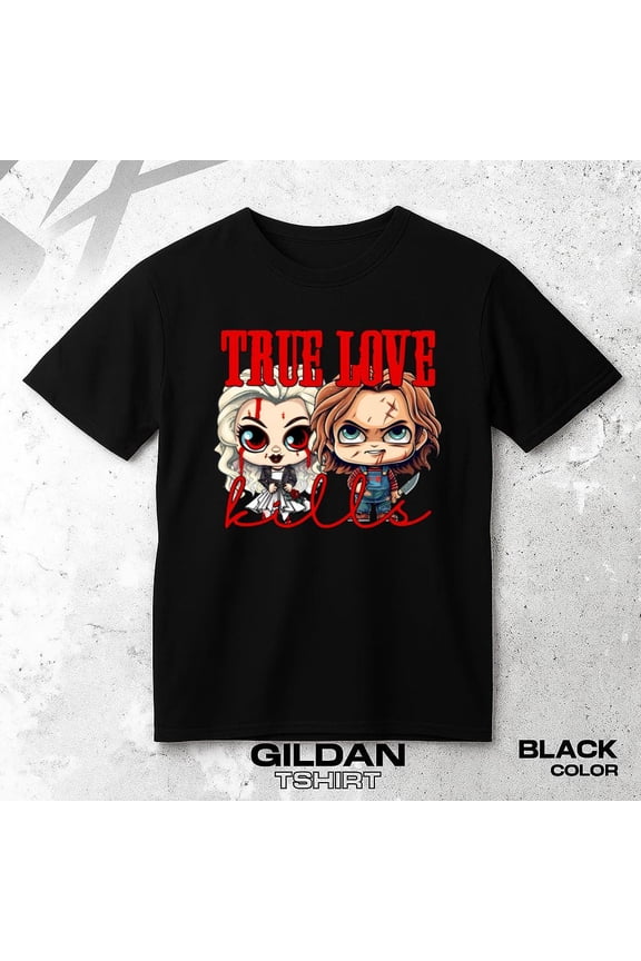 Bride Of Chucky Horror Couple Unisex T-shirt True Love Kills Art Graphic Design, for men & women, up to size 5XL.
