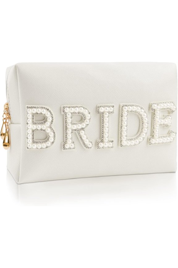 Bride Patch Letter Makeup Bag for Women Bridesmaid Engagement Gift for Her White Pearl Rhinestone Travel Toiletry Bag Make Up Bag Pouch for Purse Bridal Shower Gifts for Engagement Wedding