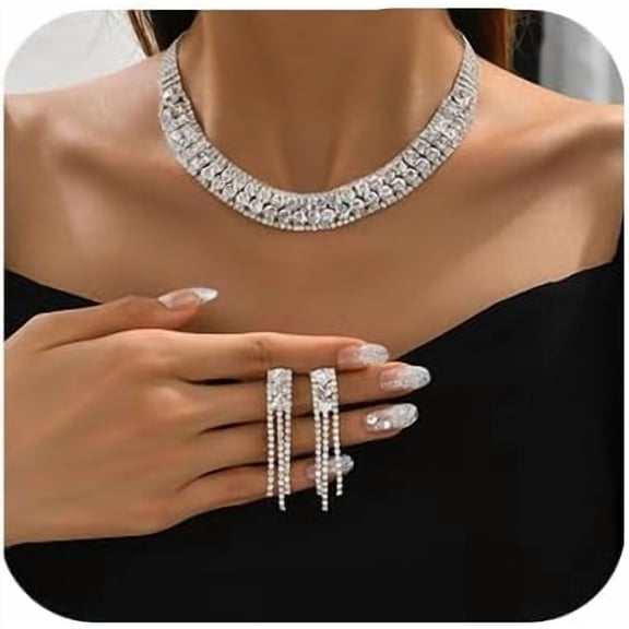 Bride Quality Silver Necklace Earrings Set Crystal Bridal Wedding Jewelry Set Rhinestone Choker Tassle Drop Dangle Earrings for Women Bridesmaid Party (Style 2)[a915]
