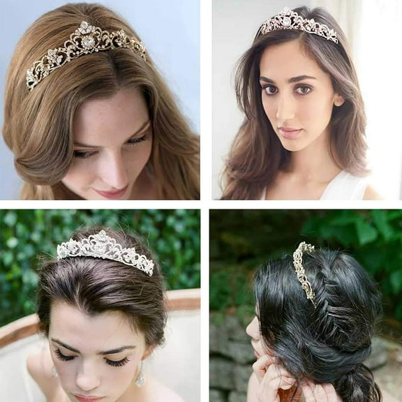 Bride Rhinestone Crown Alloy Wedding Crown Decor Headwear for Woman Lady Female (Golden)