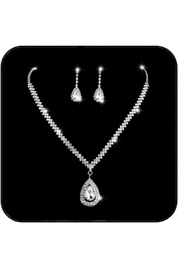 Bride Rhinestone Necklace Earrings Silver Sparkly Wedding Jewelry Set Crystal Bridal Wedding Necklaces Bling Prom Jewelry for Women(Set of 3-1 necklace and 2 earrings)