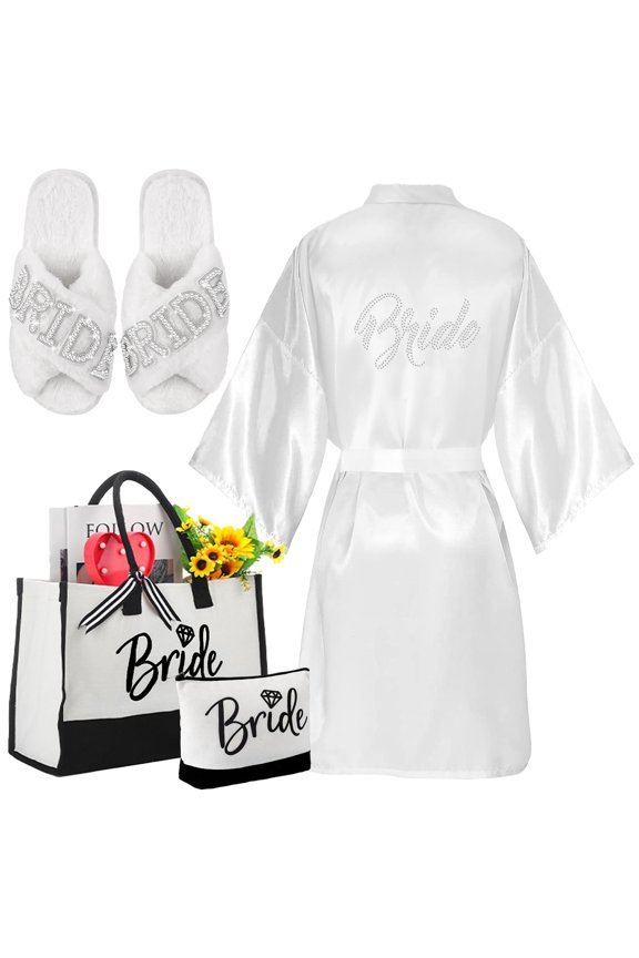 Bride Robe Set with Slippers – Lace Trim Wedding Robe Complete Bundle with Makeup Bag Tote