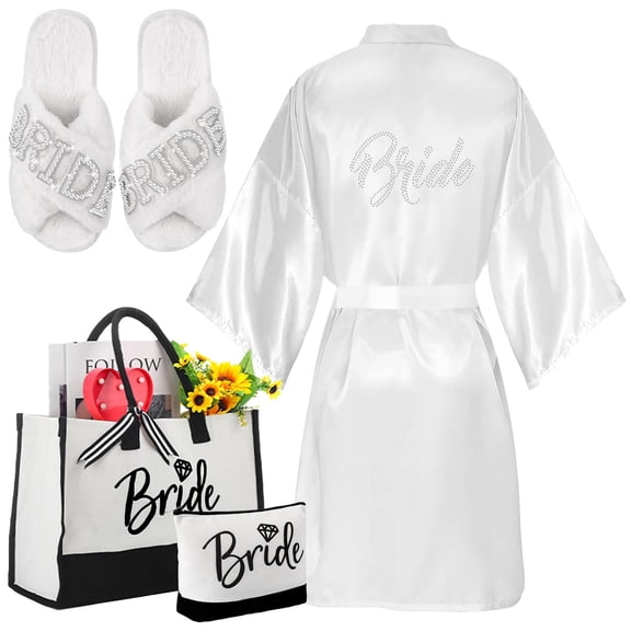 Bride Robe Set with Slippers – Lace Trim Wedding Robe Complete Bundle with Makeup Bag Tote
