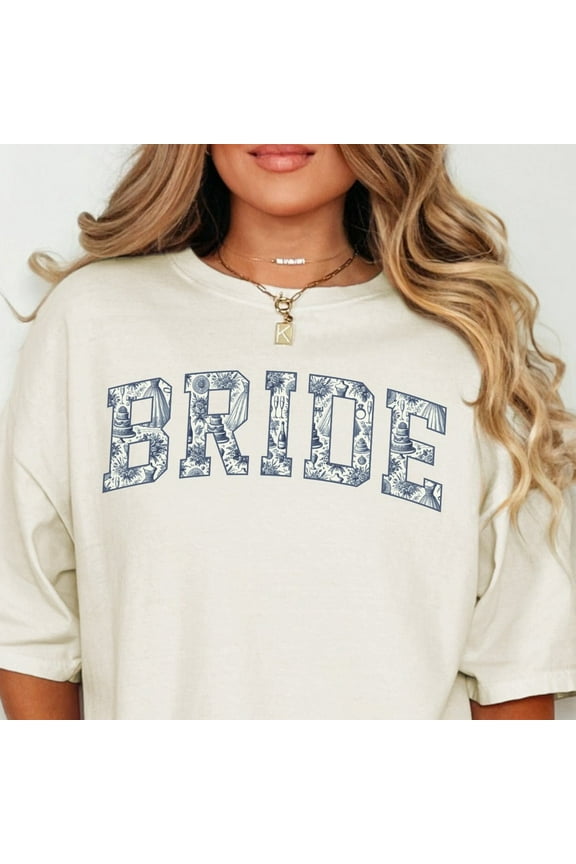 Bride Shirt, French Floral Wedding Toile T-Shirt, Varsity Collegiate Oversized Bride To Be Tshirt, Something Blue Bride Gift Unisex S-5XL Hot Trending Shirt, Vintage Birthday Gift