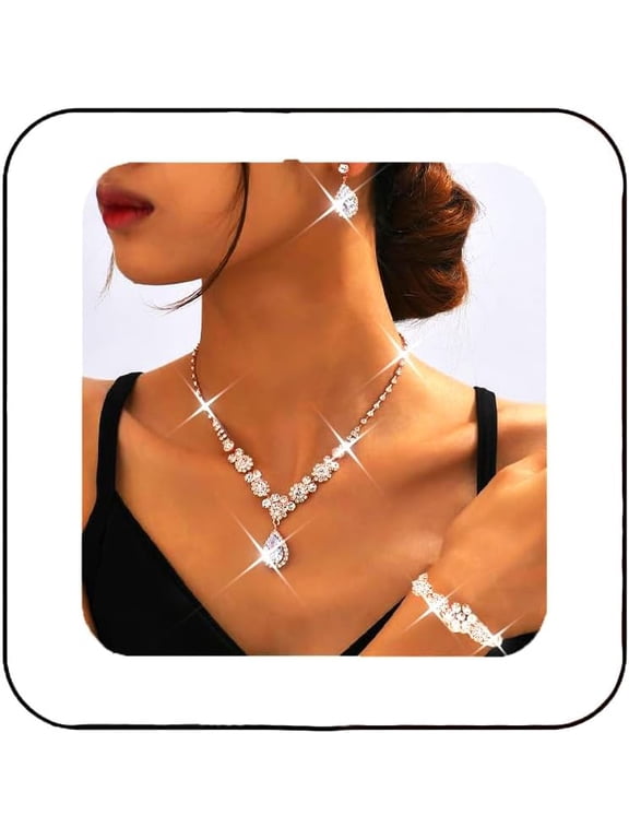 Bride Silver Fine Bridal Necklace Earrings Set Crystal Bridal Wedding Jewelry Set Rhinestone Choker Necklace for Women and Brides[i720]