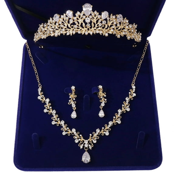 Bride Silver/Gold Necklace Earrings Crown Set Crystal Bridal Wedding Jewelry Sets Zircon Choker Tiara for Women