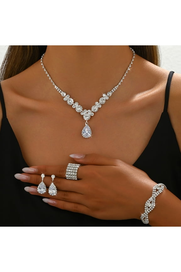 Bride Silver Necklace Earrings Set Crystal Bridal Wedding Jewelry Set Rhinestone Choker Necklace for Women and Brides