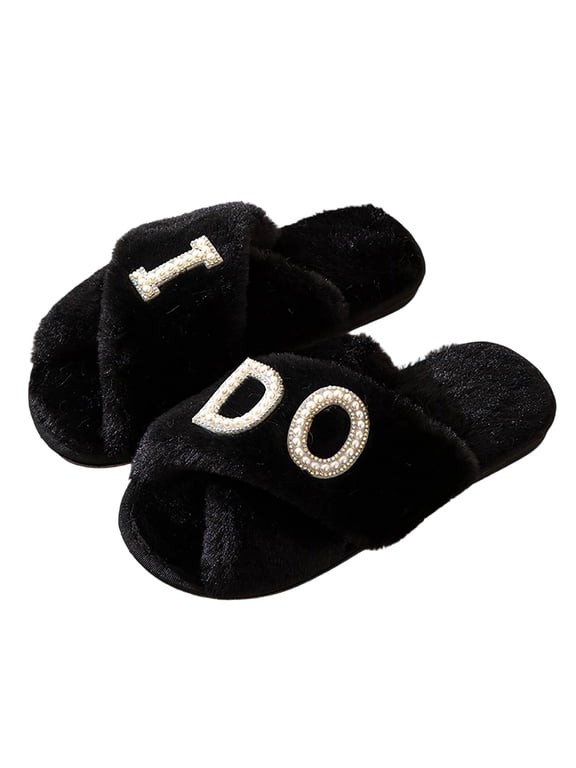Bride Slippers I Do Slippers Women's Wedding Shoes for Bride Plush Furry Warm White Open Toe Cozy Fluffy Bridal Party Wedding Fuzzy Soft House for Bachelorette Party