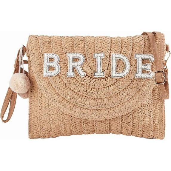 Bride Straw Shoulder Bag Woven Clutch Bag Summer Beach Crossbody Handbags with Two Balls Woven Rhinestone Wedding Vacation Purse Honeymoon Bridal Shower Gift for DIY Bride Party Honeymoon