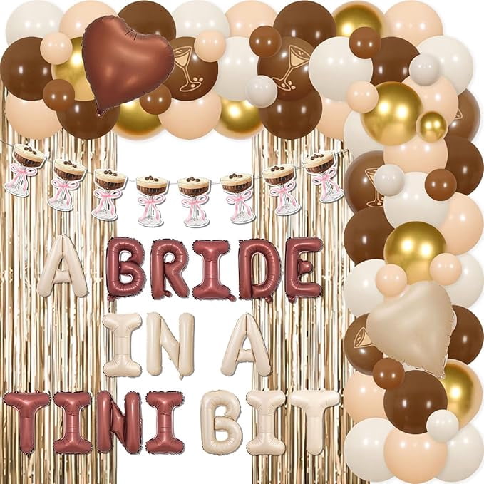 A Bride in A Tiny Bit Balloons Martini Cup Banner Foil Balloon Fringe Curtain with Balloon Garland Arch Kit Espresso Martini Bridal Shower Decorations for Women Bachelorette Party Engagement Supplies