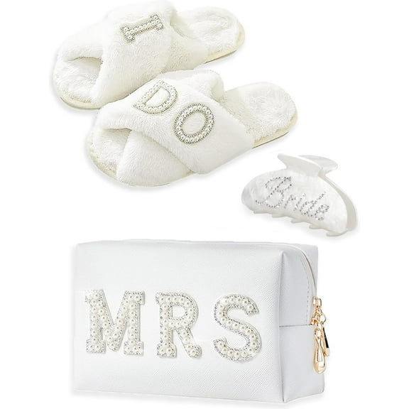Bride To Be Gifts - Bridal Shower Gifts & Wedding Gifts for Bride - Gift Set: Makeup Bag, Slippers, Hair Clip - Perfect Bride Gifts