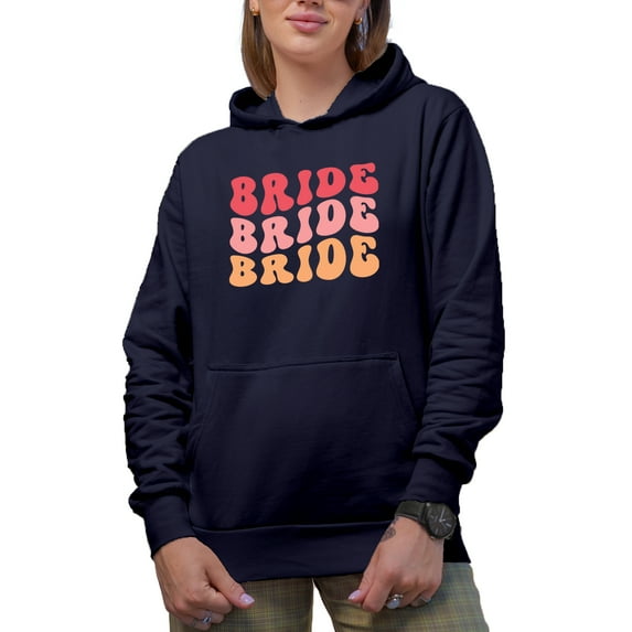 Bride, Wedding Day, Bridal Shower, Engagement or Fiancee Themed, Groovy Retro Wavy Text Merch Gift, Navy Blue Hooded Sweatshirt or Hoodie, Medium