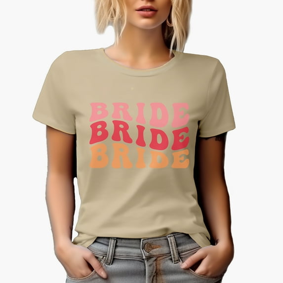 Bride, Wedding, Fiancee, Bride-To-Be or Bridal Shower Themed, Groovy Retro Wavy Text Merch Gift, Tan T-Shirt, Medium