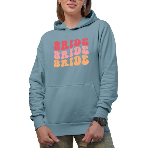 Bride, Wedding, Fiancee or Bridal Shower Themed, Groovy Retro Wavy Text Merch Gift, Light Blue Hooded Sweatshirt or Hoodie, XL