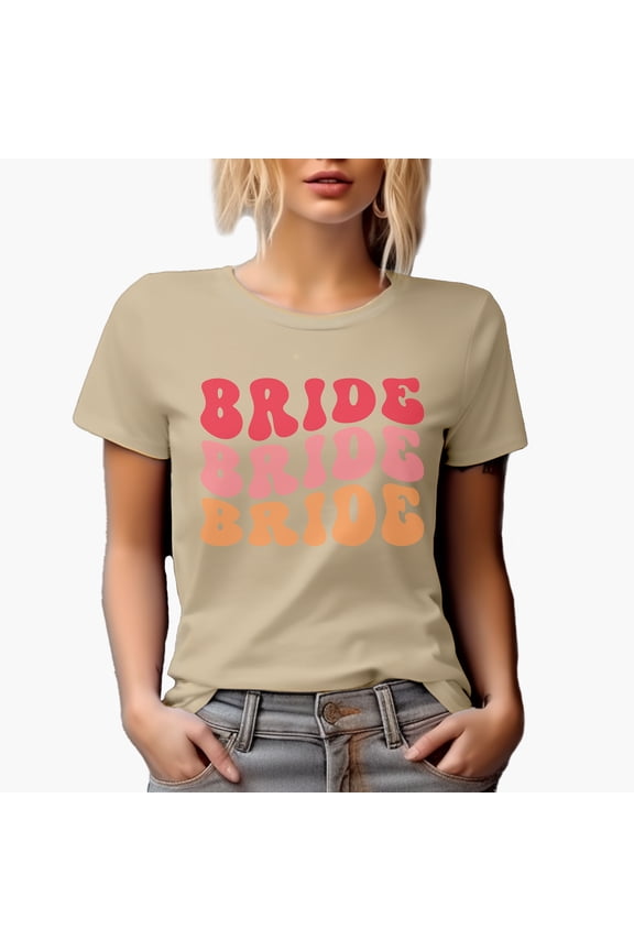 Bride, Wedding, Fiancee or Bridal Shower Themed, Groovy Retro Wavy Text Merch Gift, Tan T-Shirt, Large