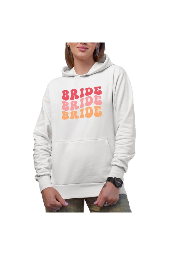 Bride, Wedding, Fiancee or Bridal Shower Themed, Groovy Retro Wavy Text Merch Gift, White Hooded Sweatshirt or Hoodie, 2XL