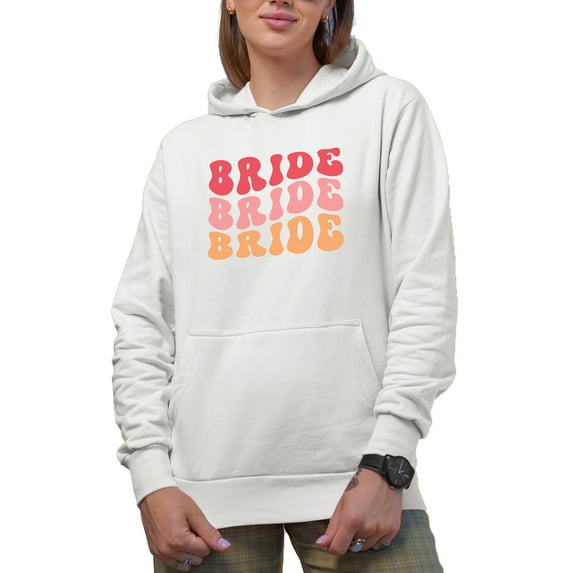 Bride, Wedding, Fiancee or Bridal Shower Themed, Groovy Retro Wavy Text Merch Gift, White Hooded Sweatshirt or Hoodie, Small