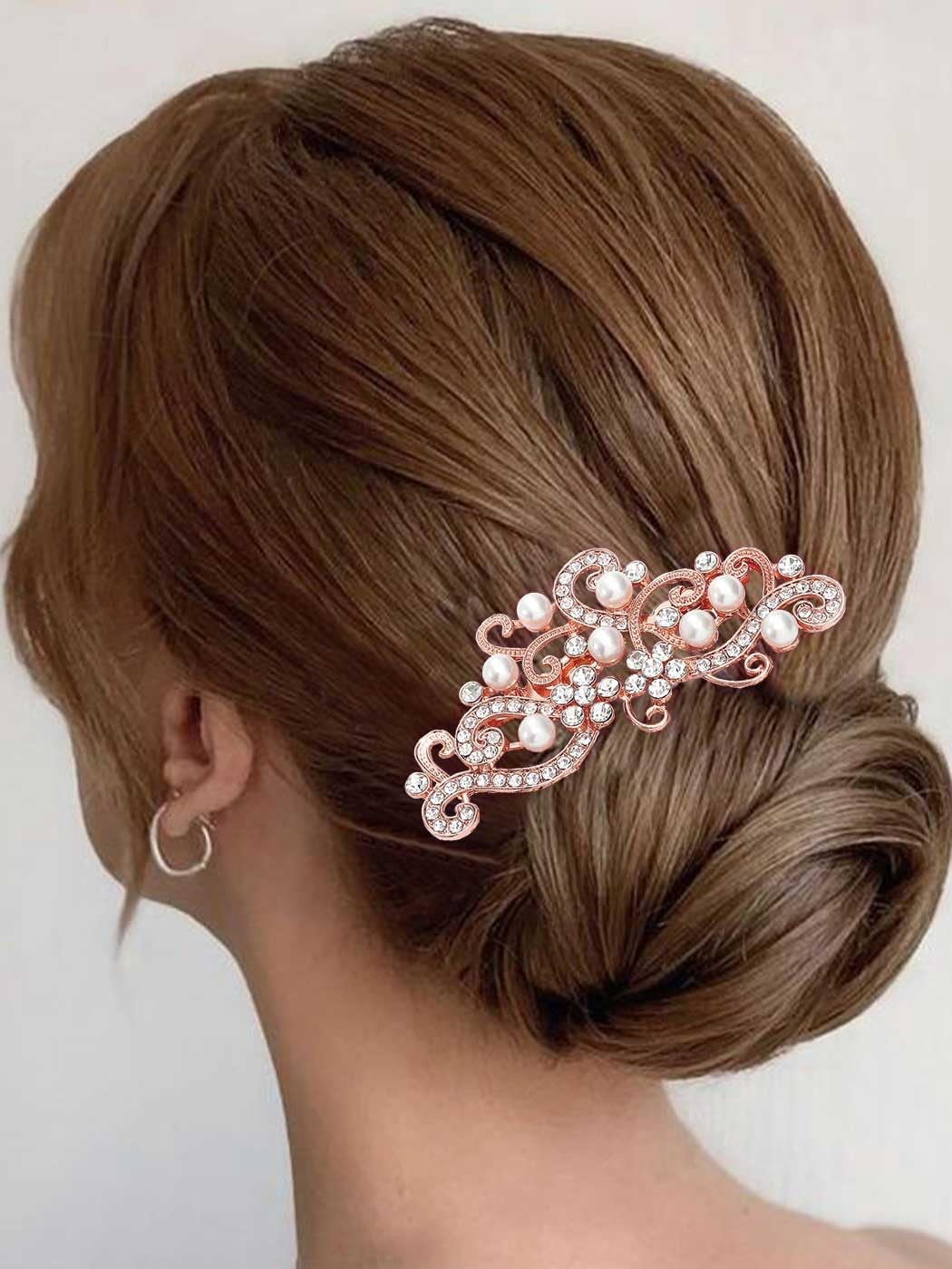 Bride Wedding Hair Comb Rhinestones Bridal Hair Accessories Pearl Hair Piece Decorative Hair Clip for Women and Girls(Rose Gold)
