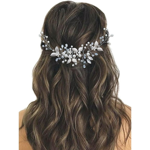 Bride Wedding Hair Vine Silver Leaf Bridal Headpieces Pearl Crystal Hair Accessories for Women and Girls