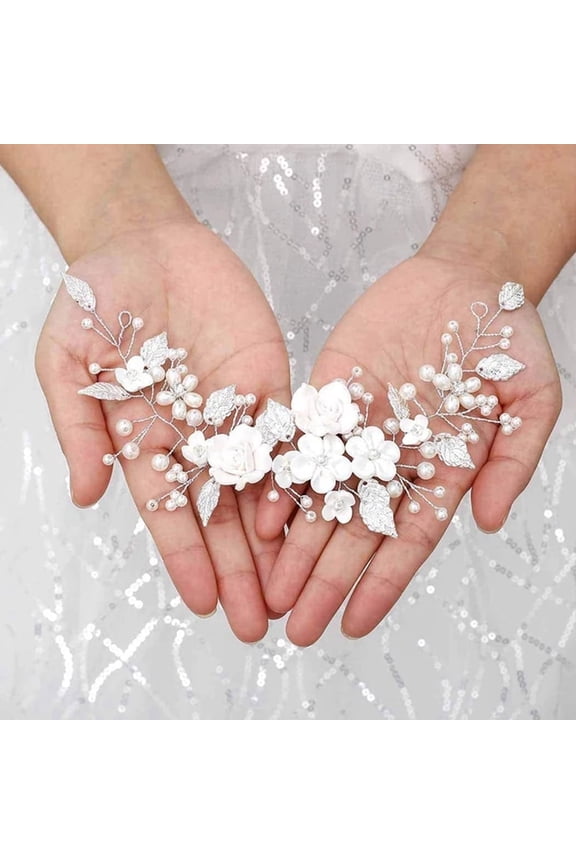 Bride Wedding Hair Pin with Pearls, Leaf Hair Accessories for Women and Girls, Silver