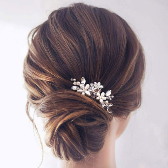Bride Wedding Pearl Hair Pins Flower Hair Piece Rhinestone Bridal Hair Accessories for Women HP065 (Silver)