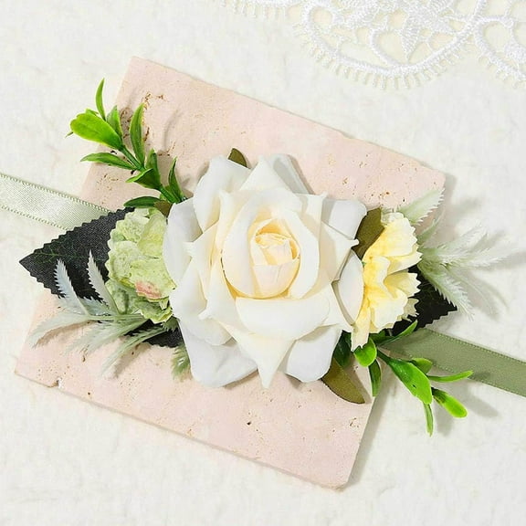 Bride Wedding White Rose Corsage Wristlet Prom Wrist Corsage Bridal Hand Flower Decor for Women (A-White and Blue)