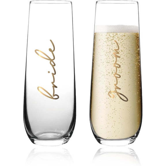 Bride and Groom Champagne Flutes, Wedding Flutes for Bride and Groom, Crystal Stemless Wine Glasses for Wedding, Newlyweds & Engagement