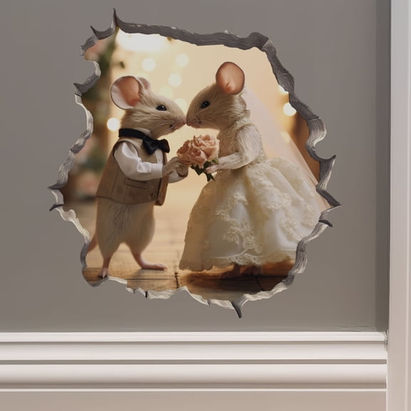 Bride and Groom Mice in Mouse Hole Decal - Mouse Hole 3D Wall Sticker Wedding Favor