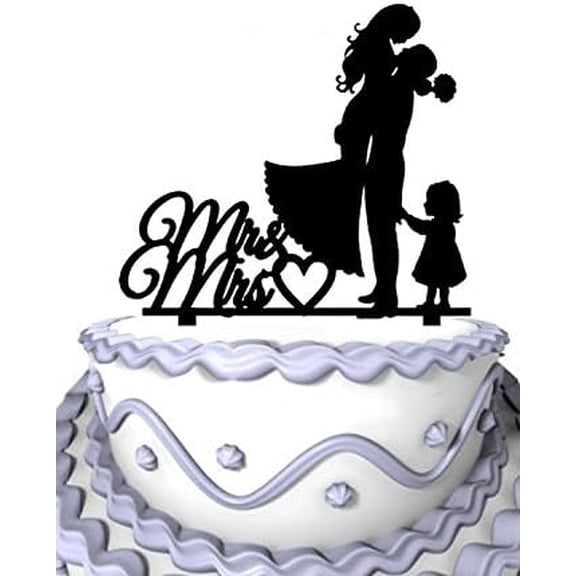 Bride and Groom with Little Girl Mrs & Mr Heart Cake Topper Silhouette