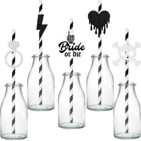 Bride or die Bachelorette Party Paper Straws Gothic Bridal Shower Party Favors Black and White Striped Drinking Straws for Halloween Til Death Bachelorette Engagement Hen Party Supplies
