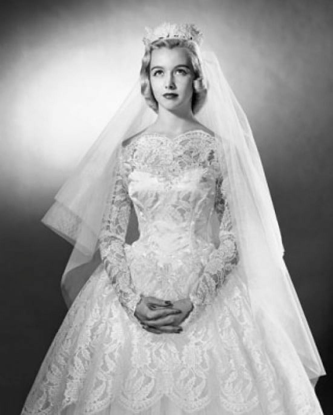 Bride in wedding dress with hands clasped Canvas Art - (18 x 24)