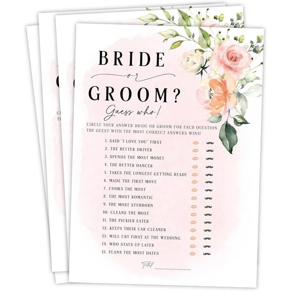 Bride or Groom Wedding Shower Game, Fun Bridal Shower Games, He Said She Said Trivia (Blush Pink Floral)