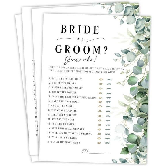 Bride or Groom Wedding Shower Game, Fun Bridal Shower Games, He Said She Said Trivia (Eucalyptus Neutral)